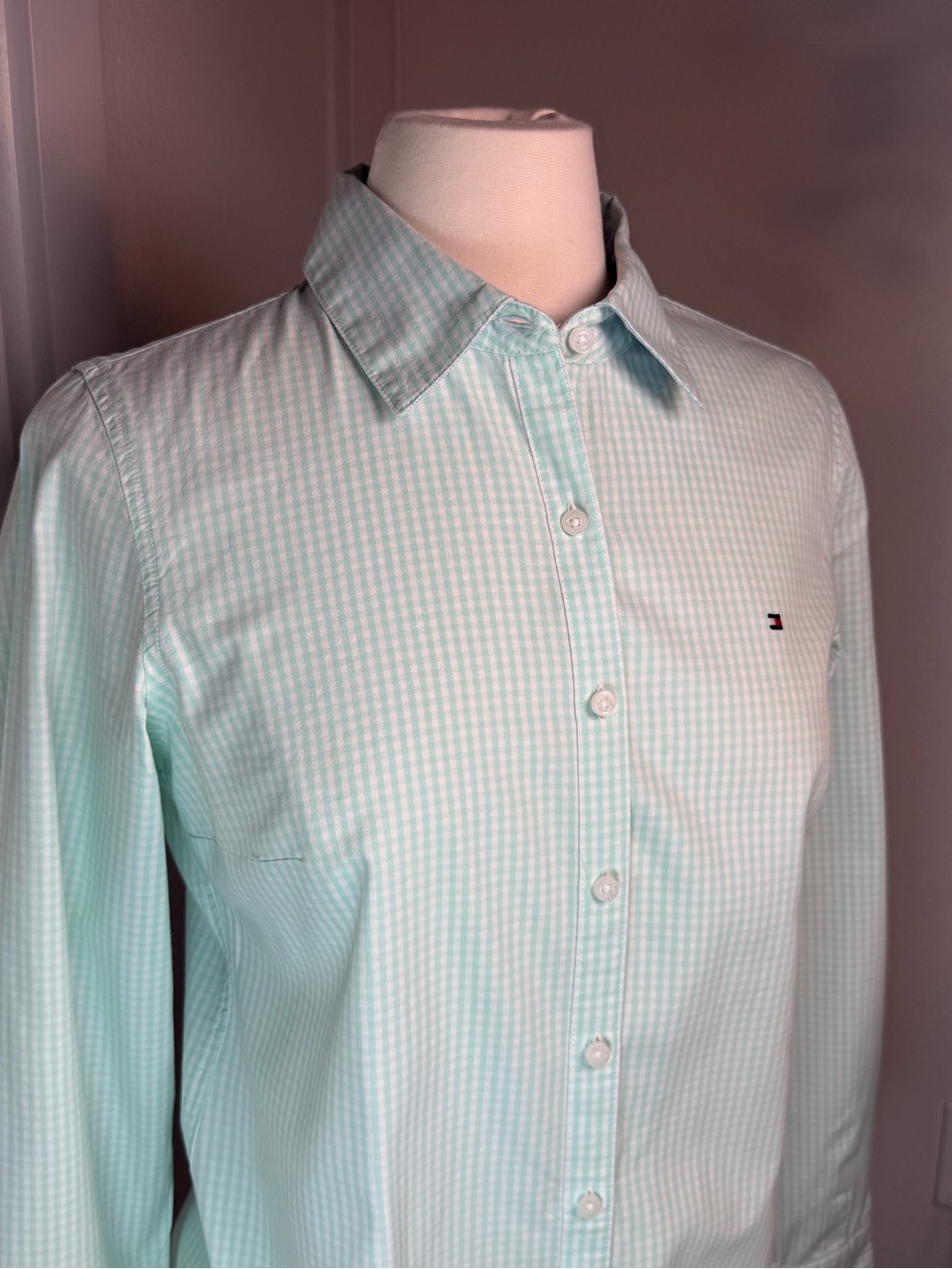 Tommy Hilfiger Mint Gingham Button Down Shirt Cotton Long Sleeve Women’s M - Picture 3 of 11